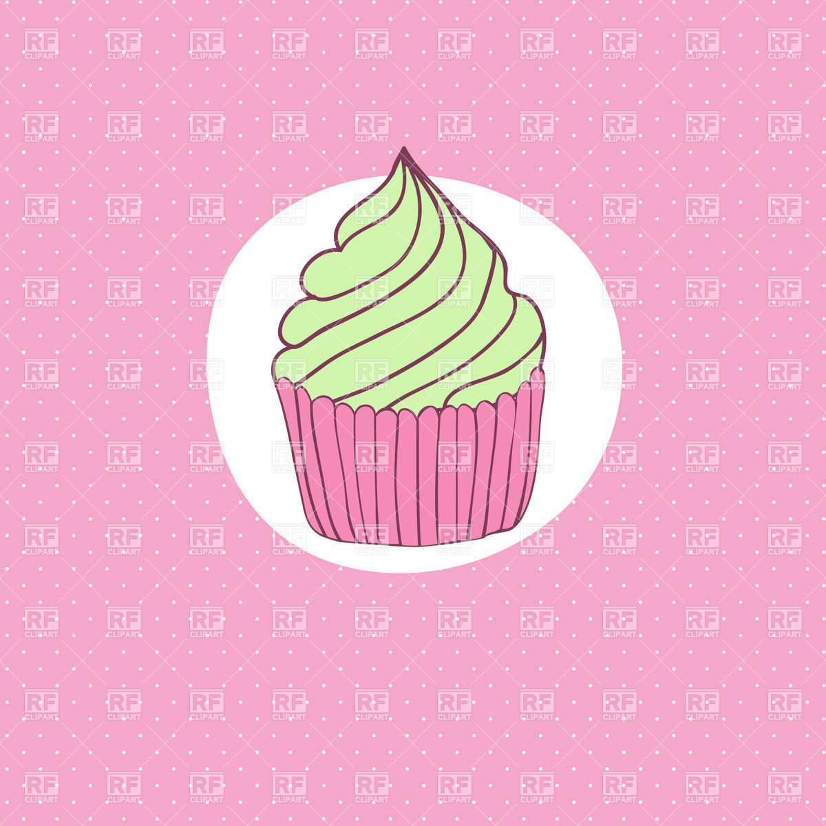 Simple Cartoon Cupcake On Pink Polka Dot Background Vector
