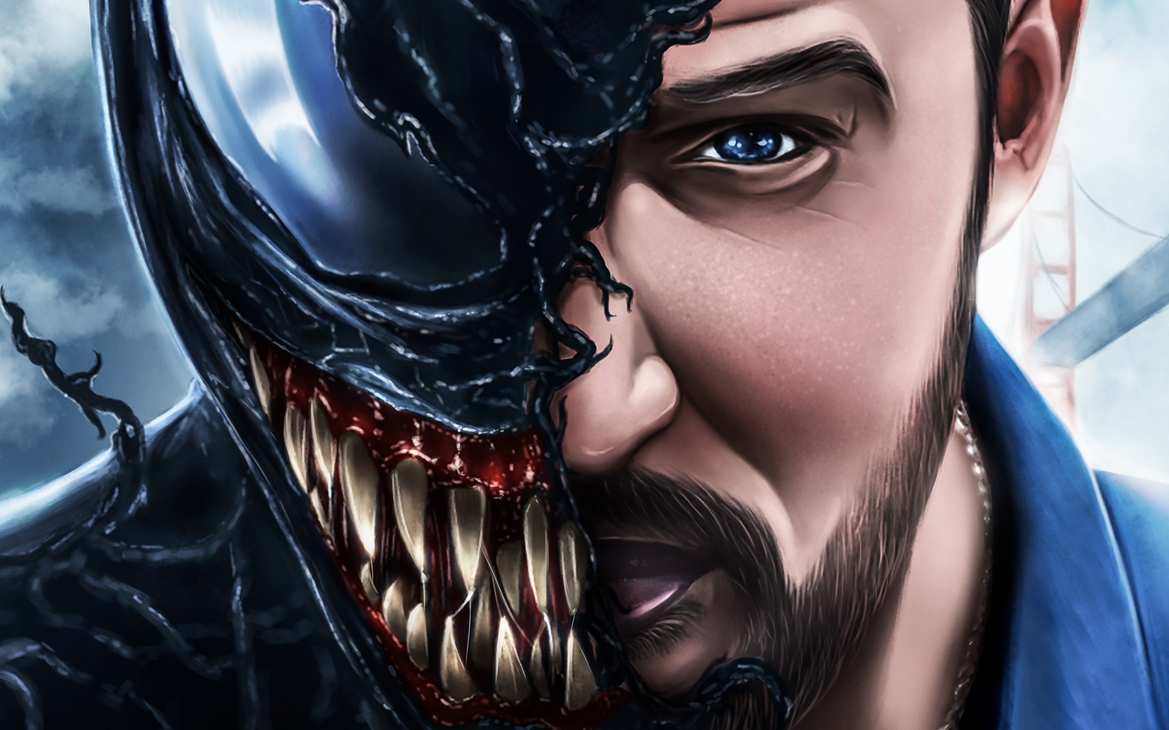 Close-up of Venom's face merging with Eddie Brock's, showcasing the symbiote's teeth and Eddie's intense blue eye