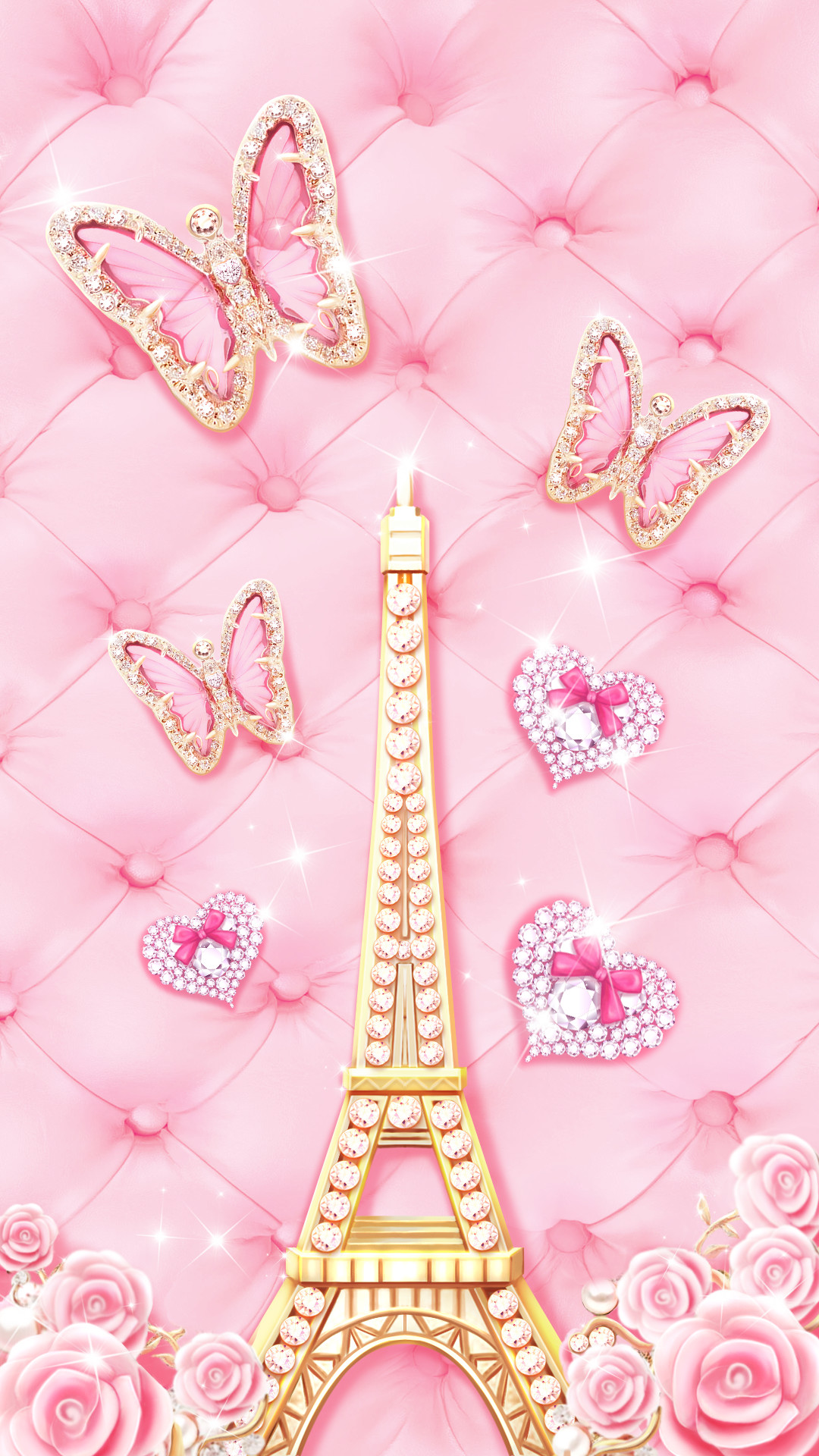 Glamorous pink wallpaper featuring a bejeweled Eiffel Tower, butterflies, hearts, and roses on a tufted pink background