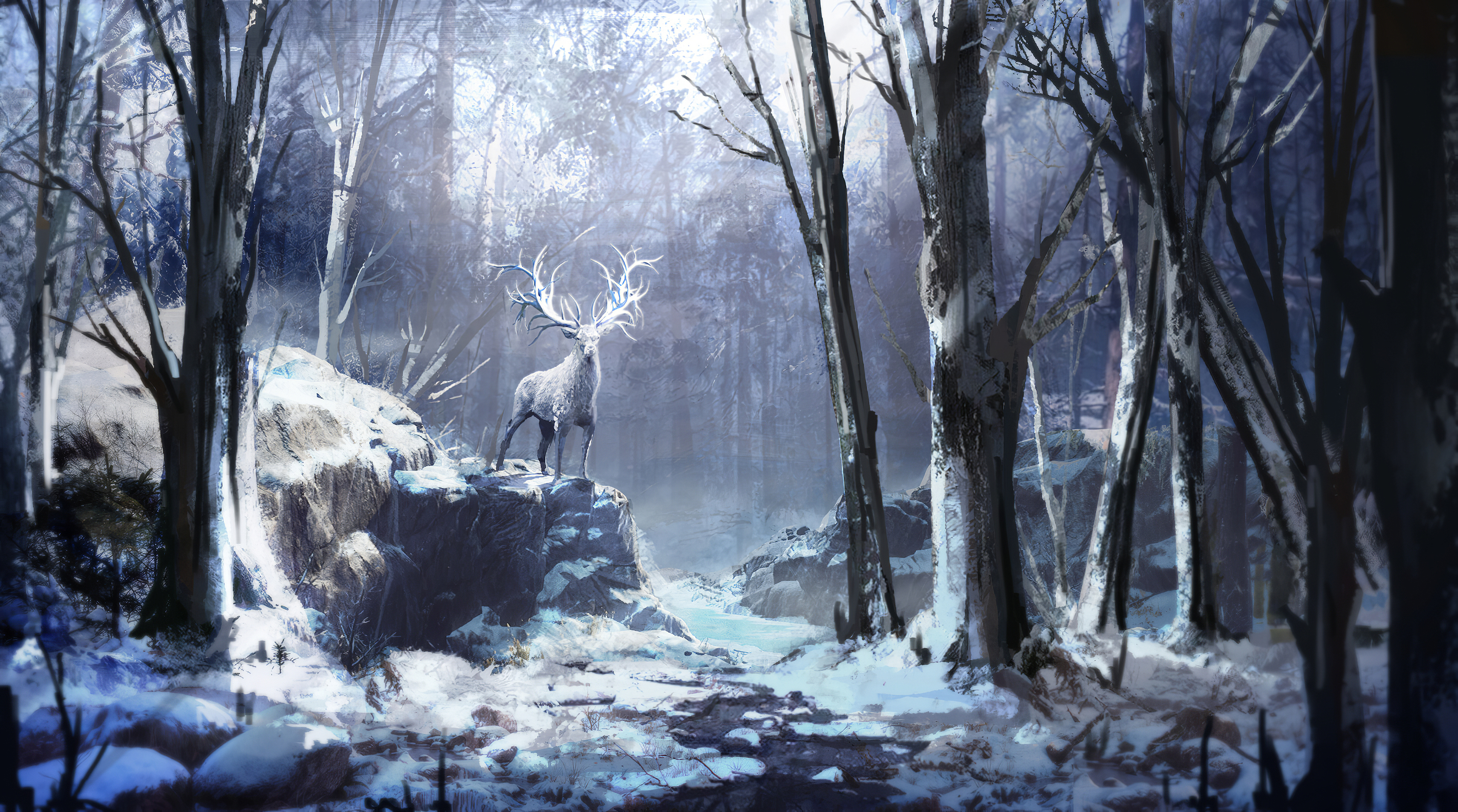 A majestic white stag with large antlers stands on a rocky outcrop in a snowy forest, a mystical winter scene in 4k resolution