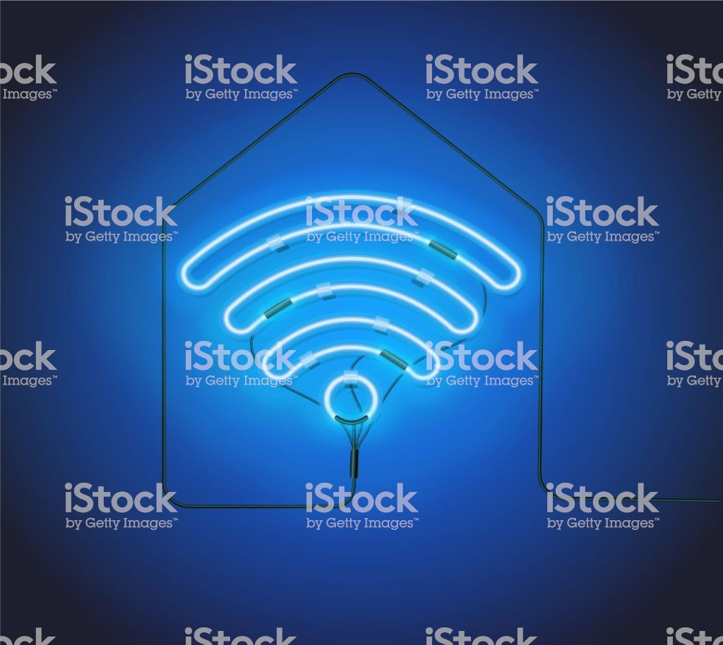 Retro Blue Neon Sign Wifi Hotspot On House Silhouette Background