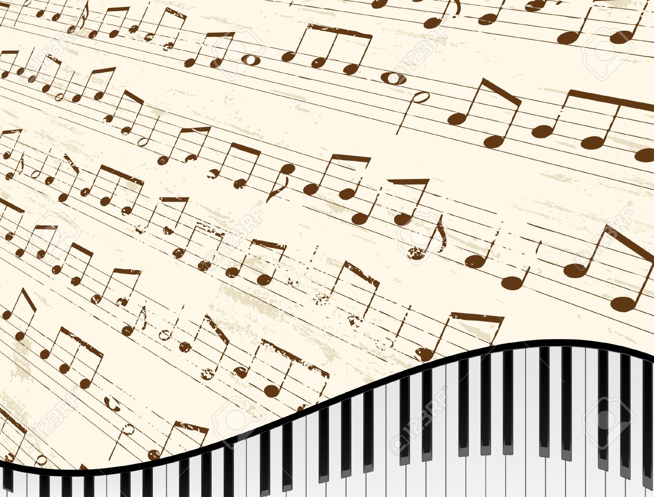 Piano Keyboard Against Faded Music Sheet Background Royalty