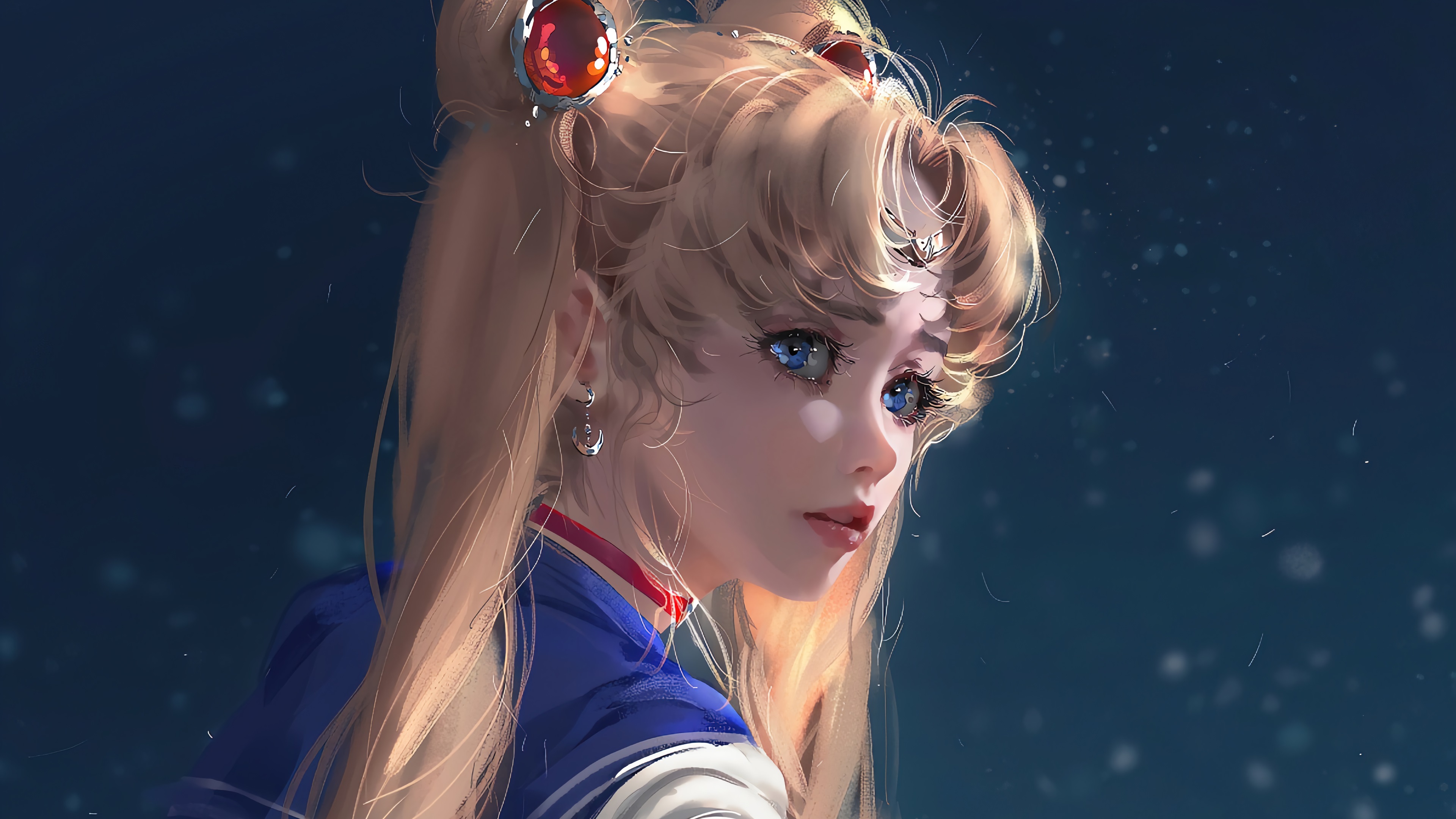 A digital art portrait of Sailor Moon, featuring her iconic blonde hair styled in odango buns, blue eyes, and a hint of her sailor uniform against a dark, starry background