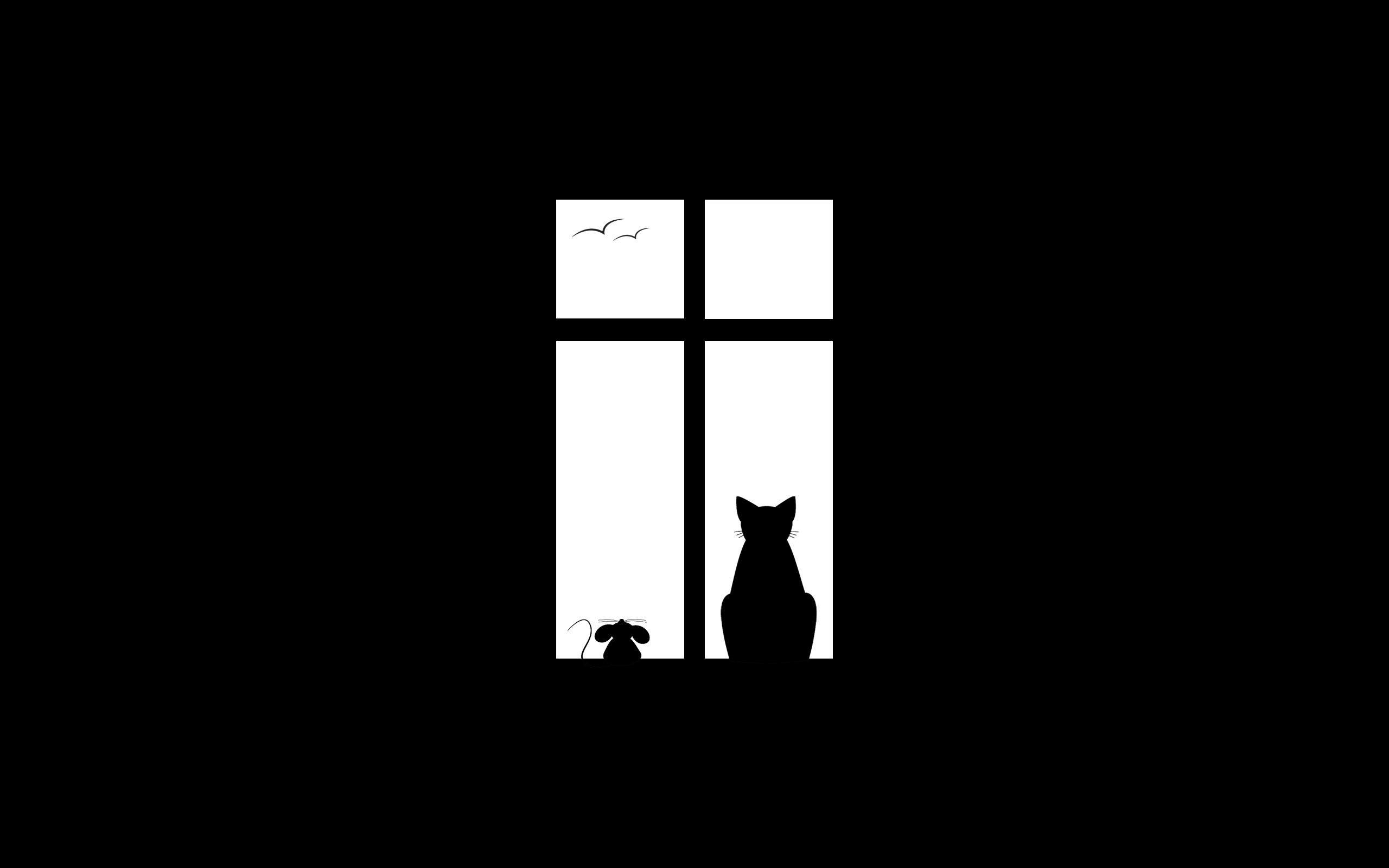 Minimalist wallpaper featuring silhouettes of a cat and a mouse looking out a bright window against a dark background