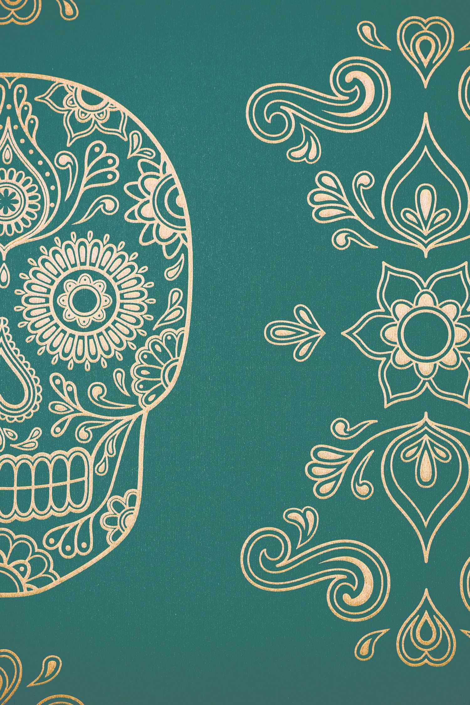 Day Of The Dead Sugar Skull Wallpaper Emerald Gold Paint