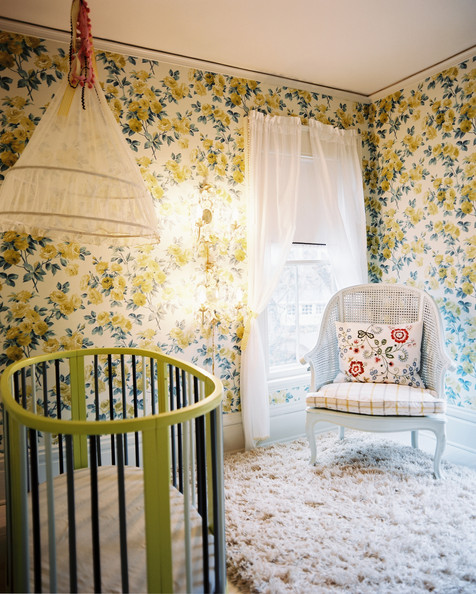 Vintage Kids Room Yellow Floral Wallpaper And A Green Oval Crib In