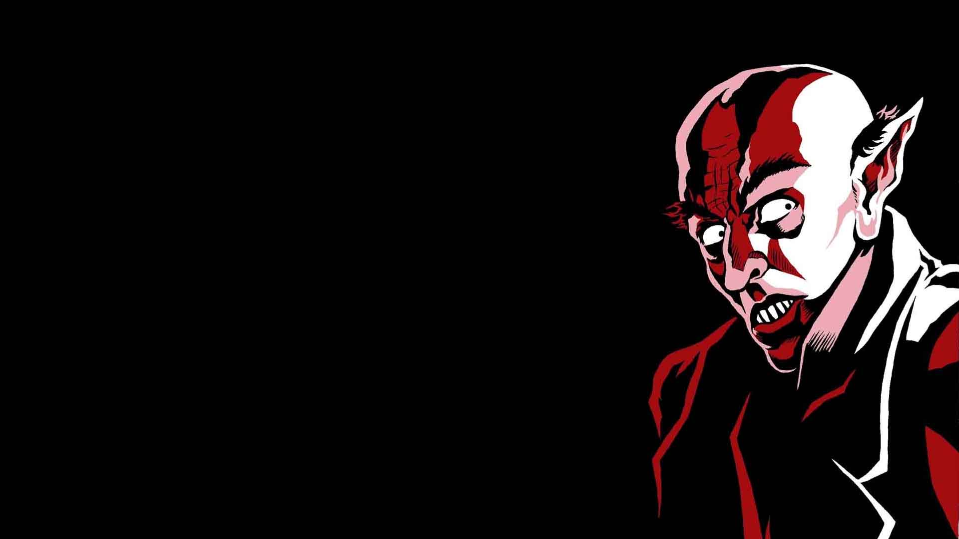 A stylized, graphic illustration of Nosferatu, the iconic vampire, against a stark black background. His intense expression and pointed ears add to the chilling effect