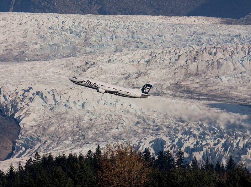 Alaska Airlines Climbing Out With Mendenhall Glacier In The Background