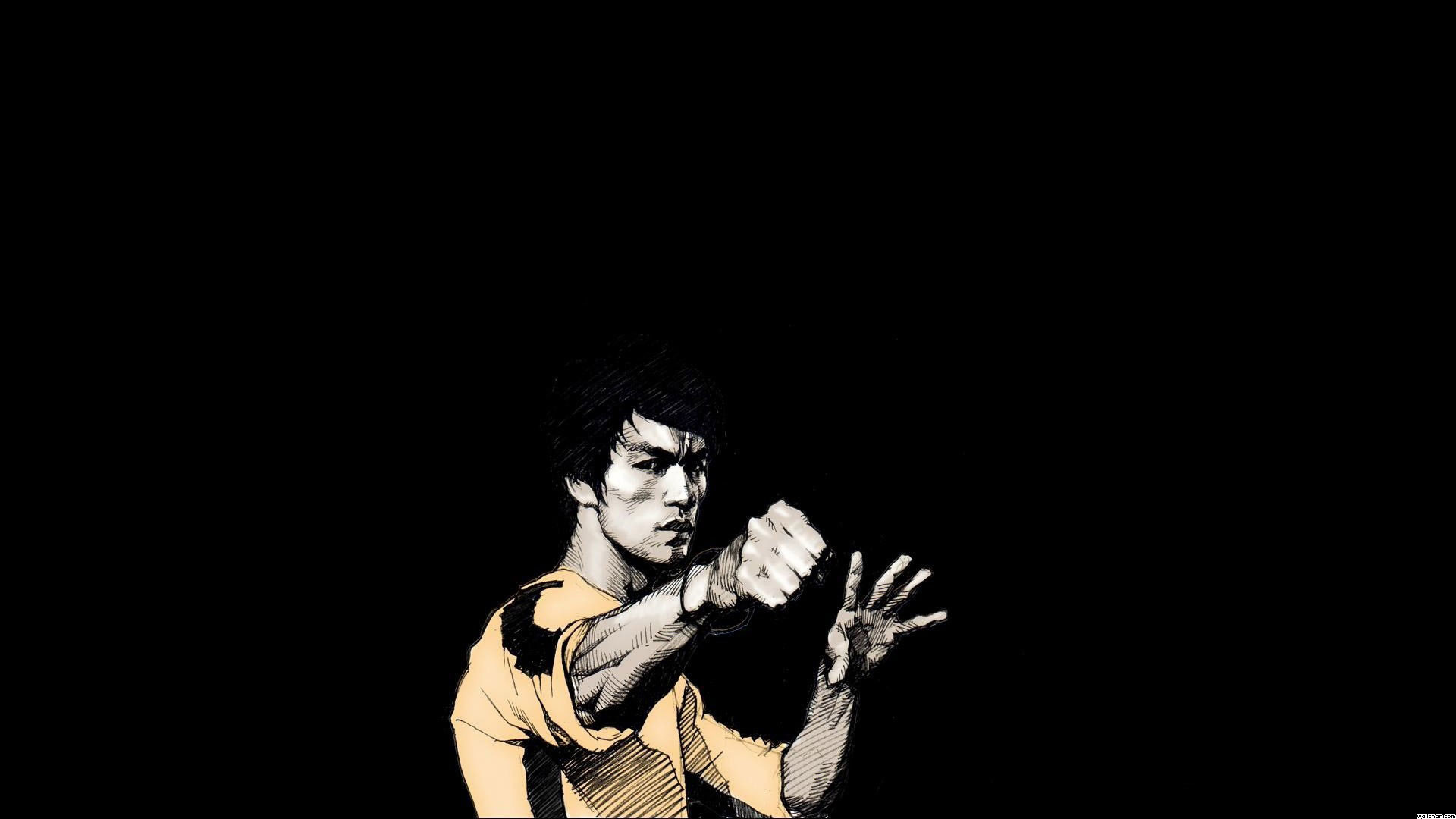 A stylized illustration of Bruce Lee in a fighting stance against a black background