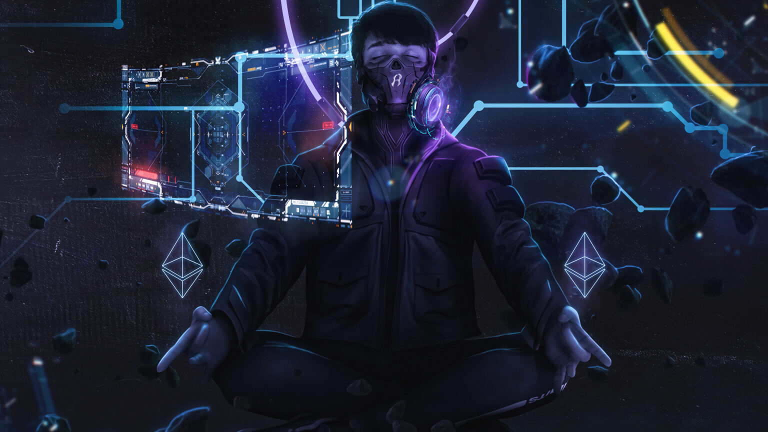 A person wearing a futuristic mask and clothing meditates in a dark, digital environment, surrounded by glowing Ethereum symbols and digital interfaces. The scene evokes themes of cryptocurrency, the metaverse, and the convergence of technology and spirituality