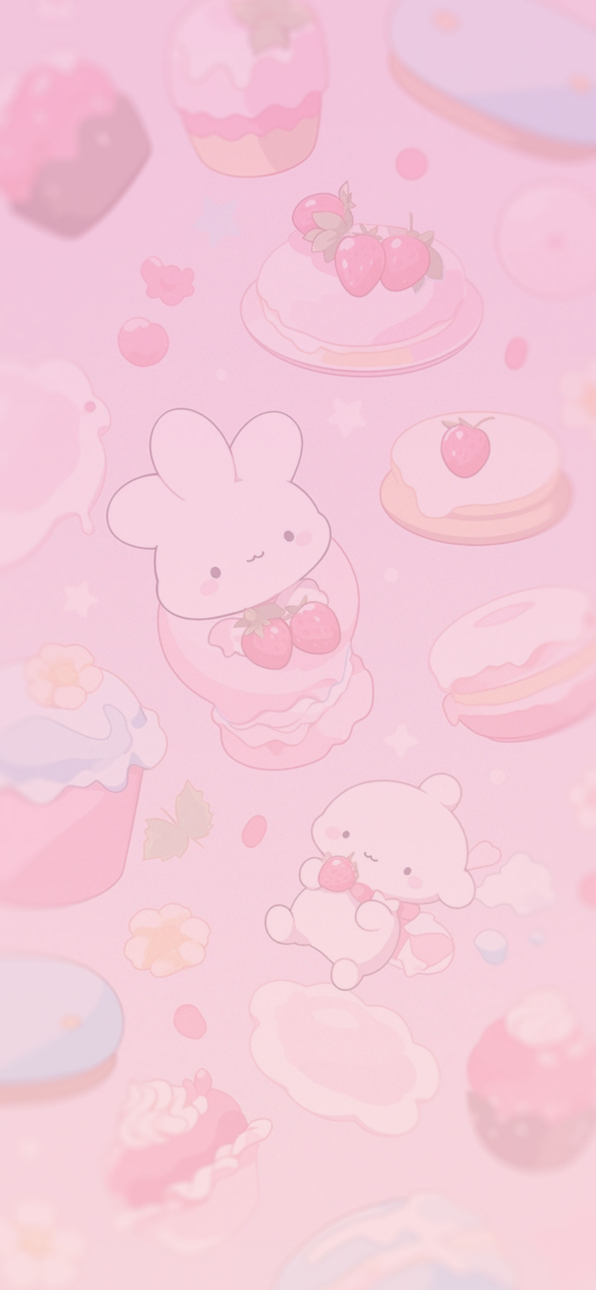 A pastel pink phone wallpaper featuring cute Sanrio-style characters and desserts