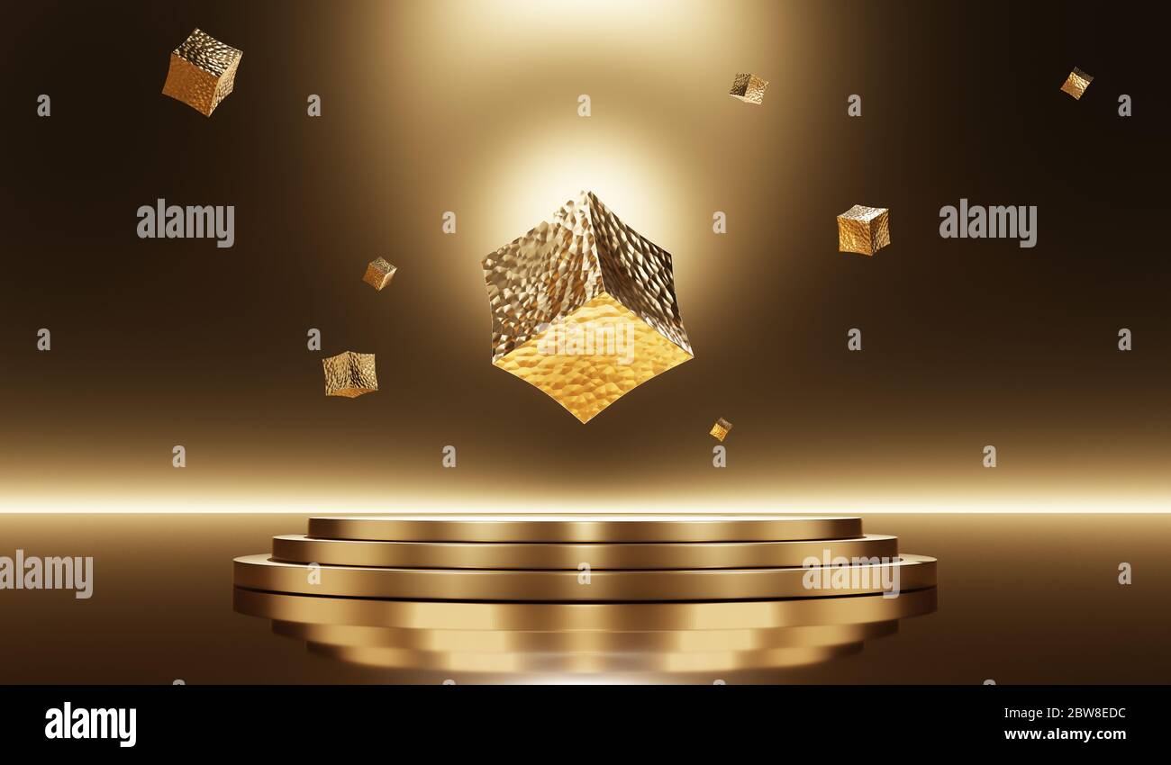Abstract 3d Rendering Of Golden Cubes Suspended In The Air Above