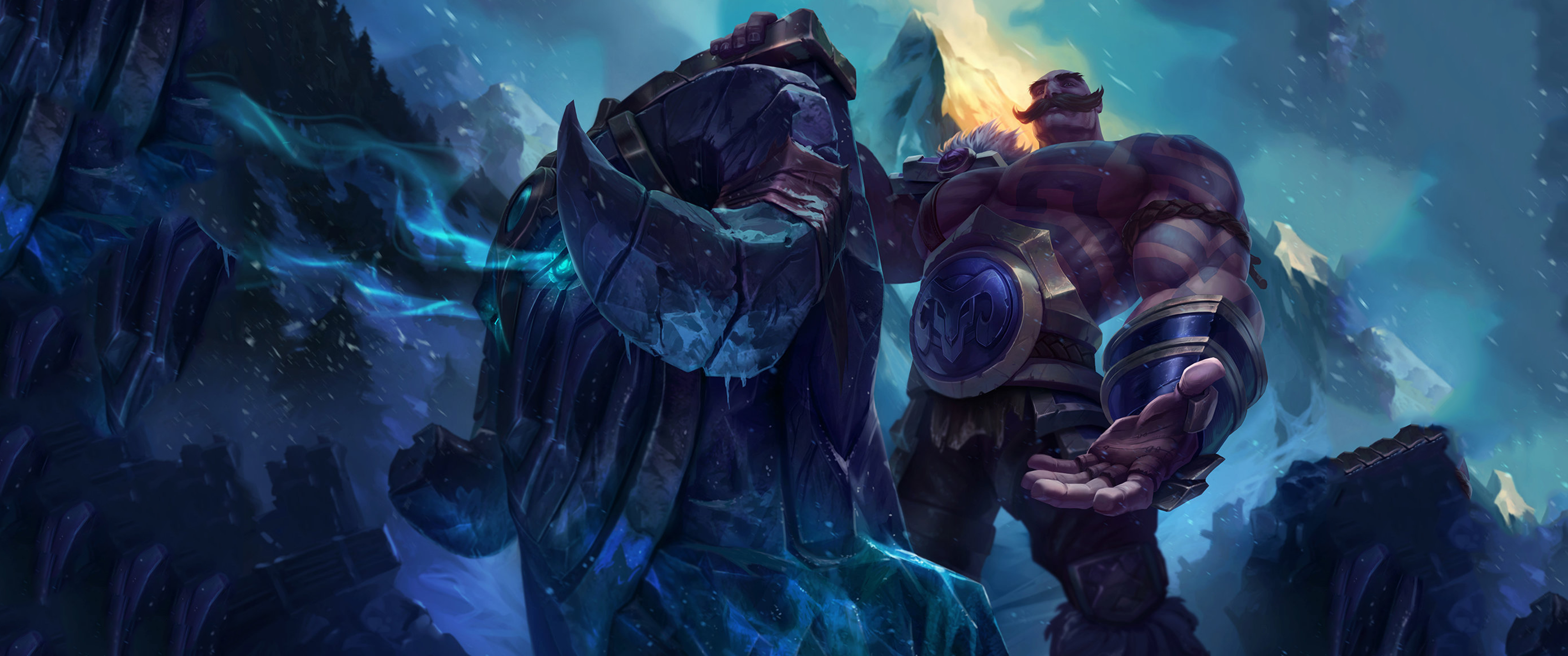 League of Legends cinematic art featuring two champions in a snowy, mountainous landscape