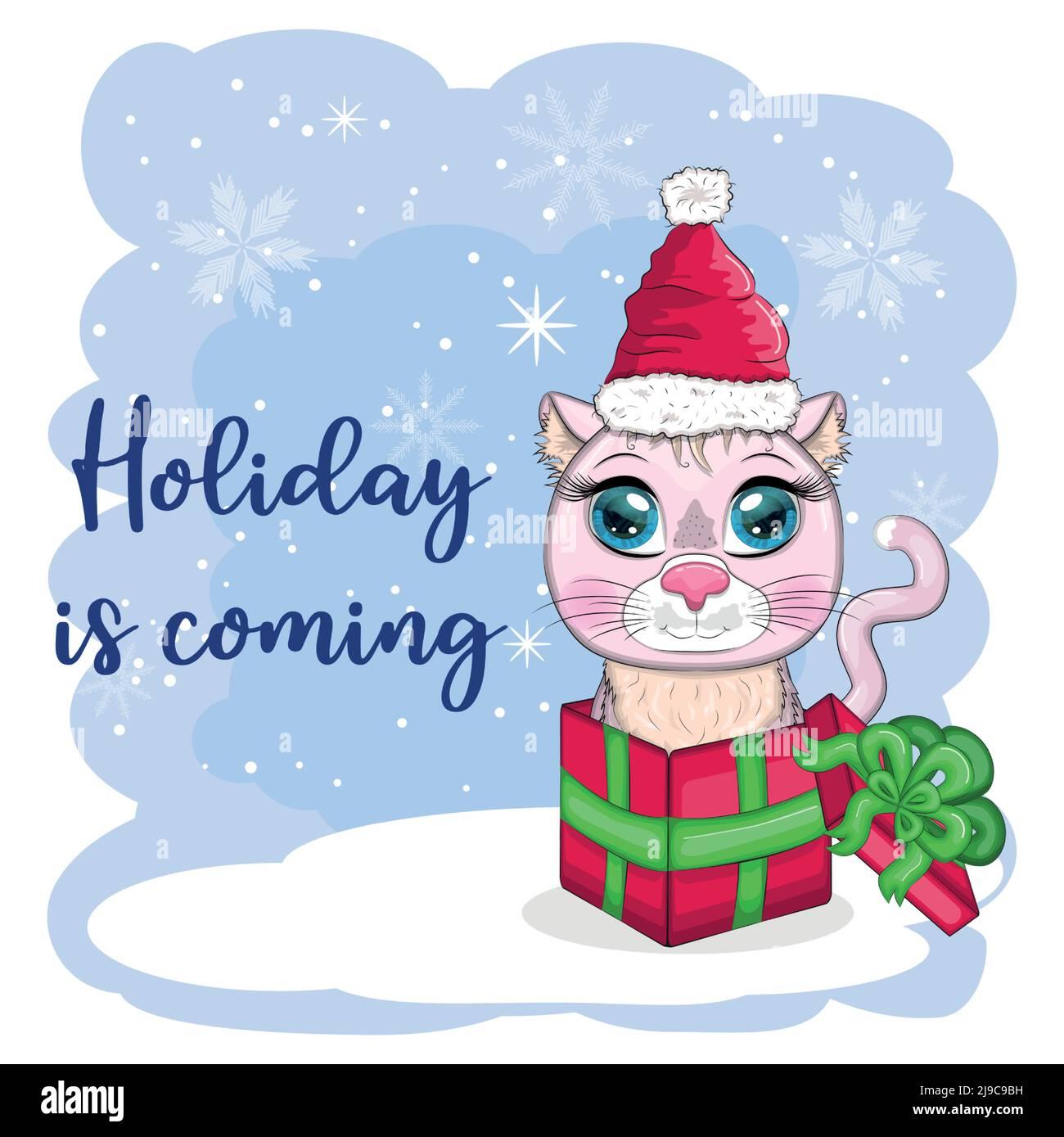 Cute Cartoon Cat In A Santa Hat On Background Of Snow Winter