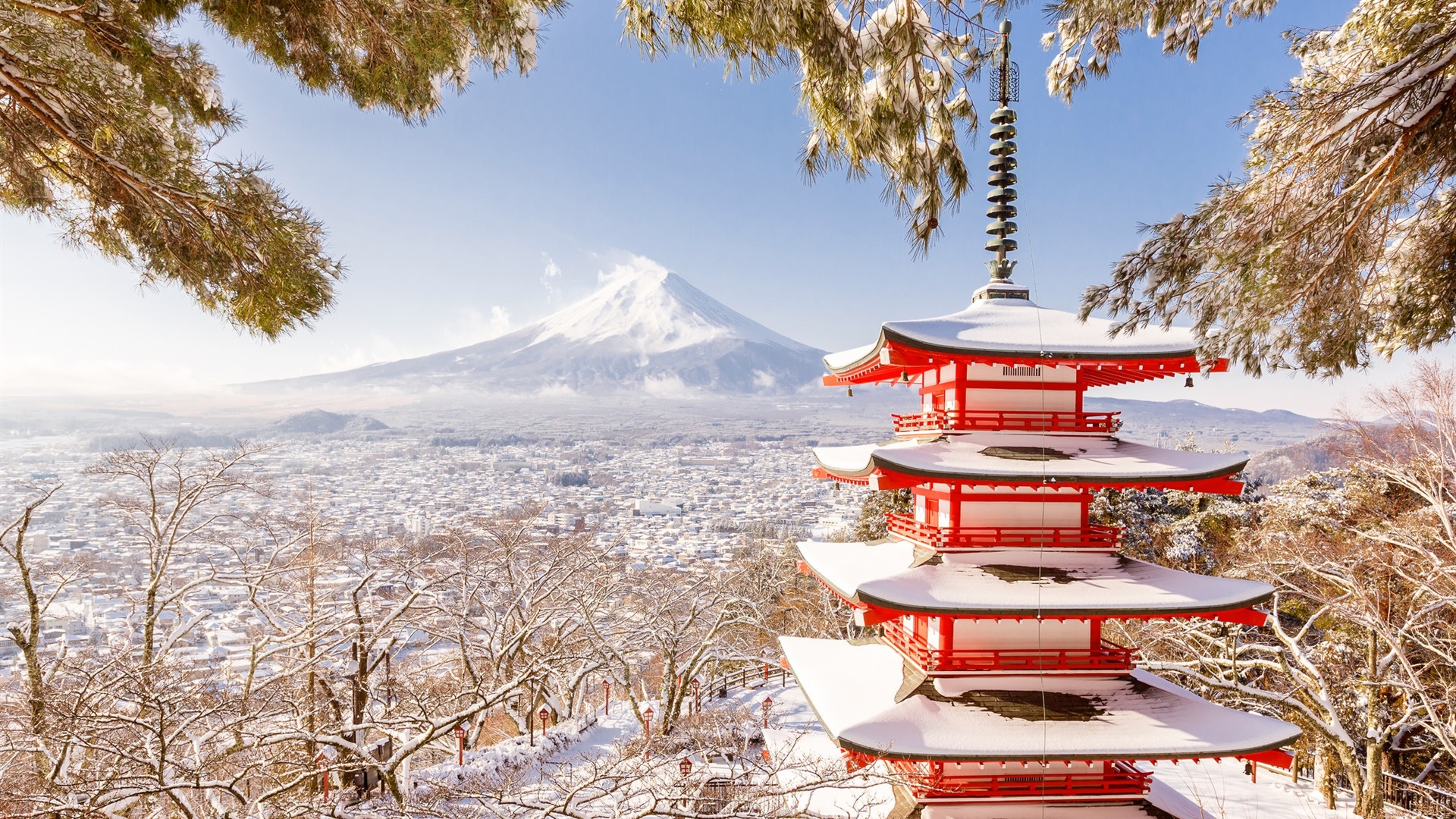 Wallpaper Japan Fuji Mount Pagoda Winter Snow Trees