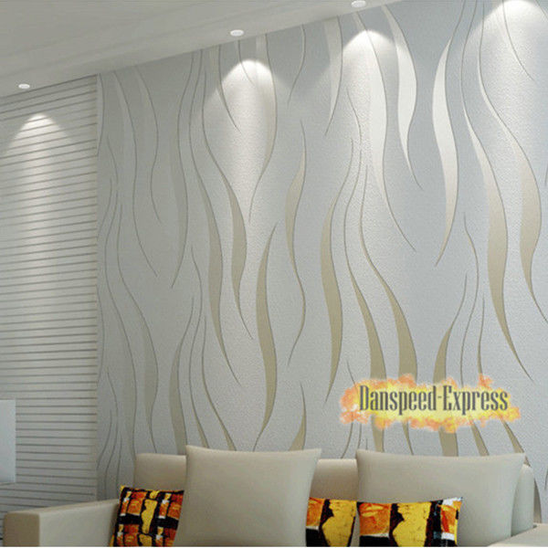 Fashion 3d Wave Stripes Embossed Non Woven Flocking Wallpaper Silver