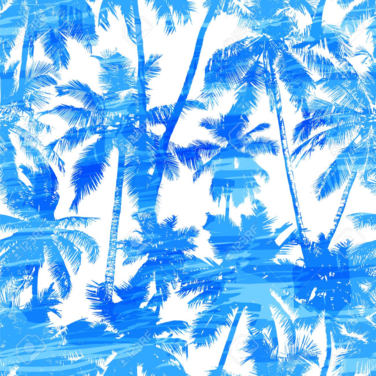 Tropical Background Seamless Pattern Of Blue Coconut Palms On