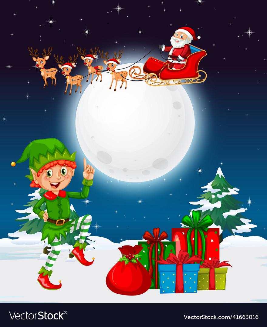 Snowy winter night with christmas elf and santa Vector Image