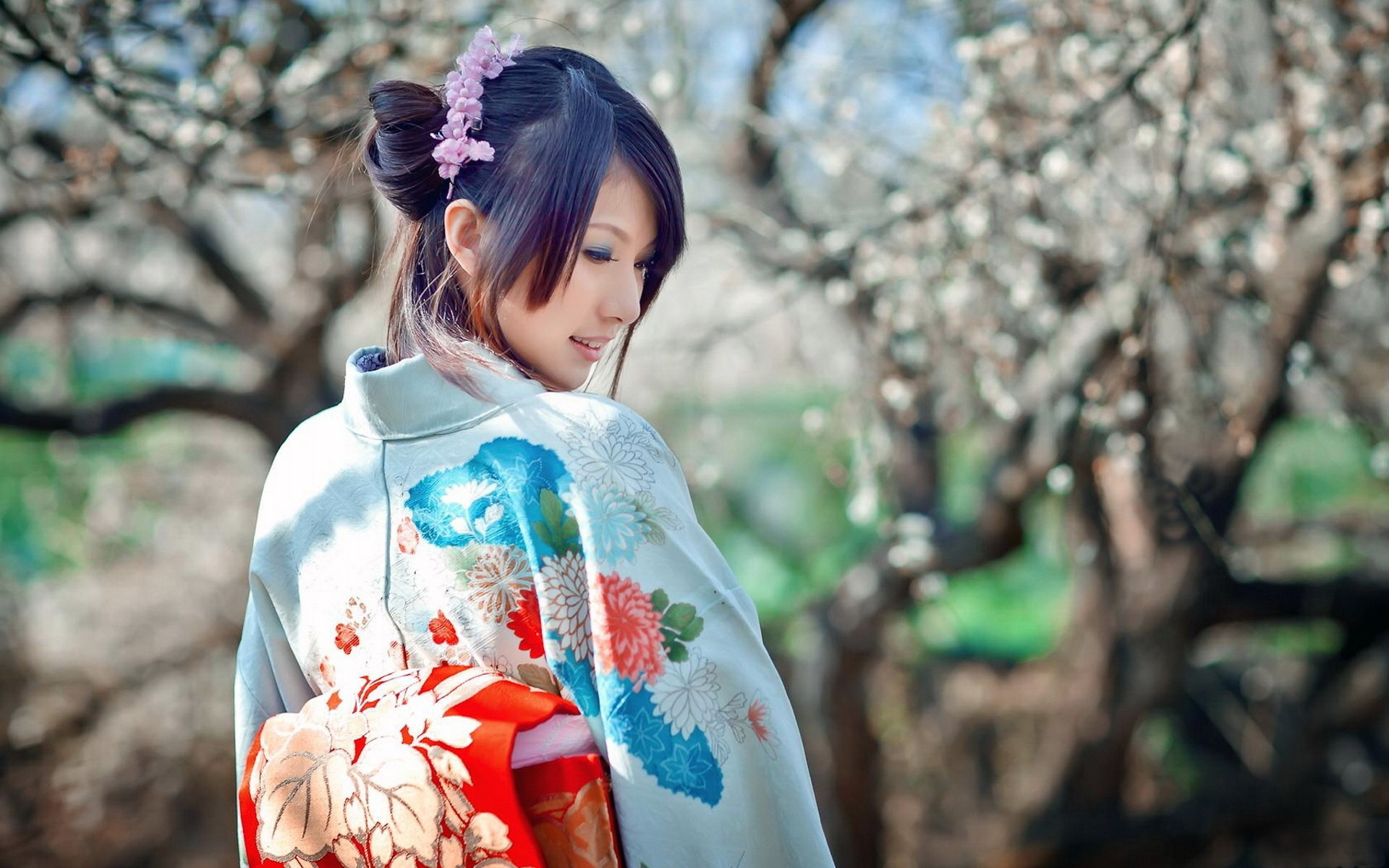 Kimono Wallpaper Asian Flowering Tree HD Desktop