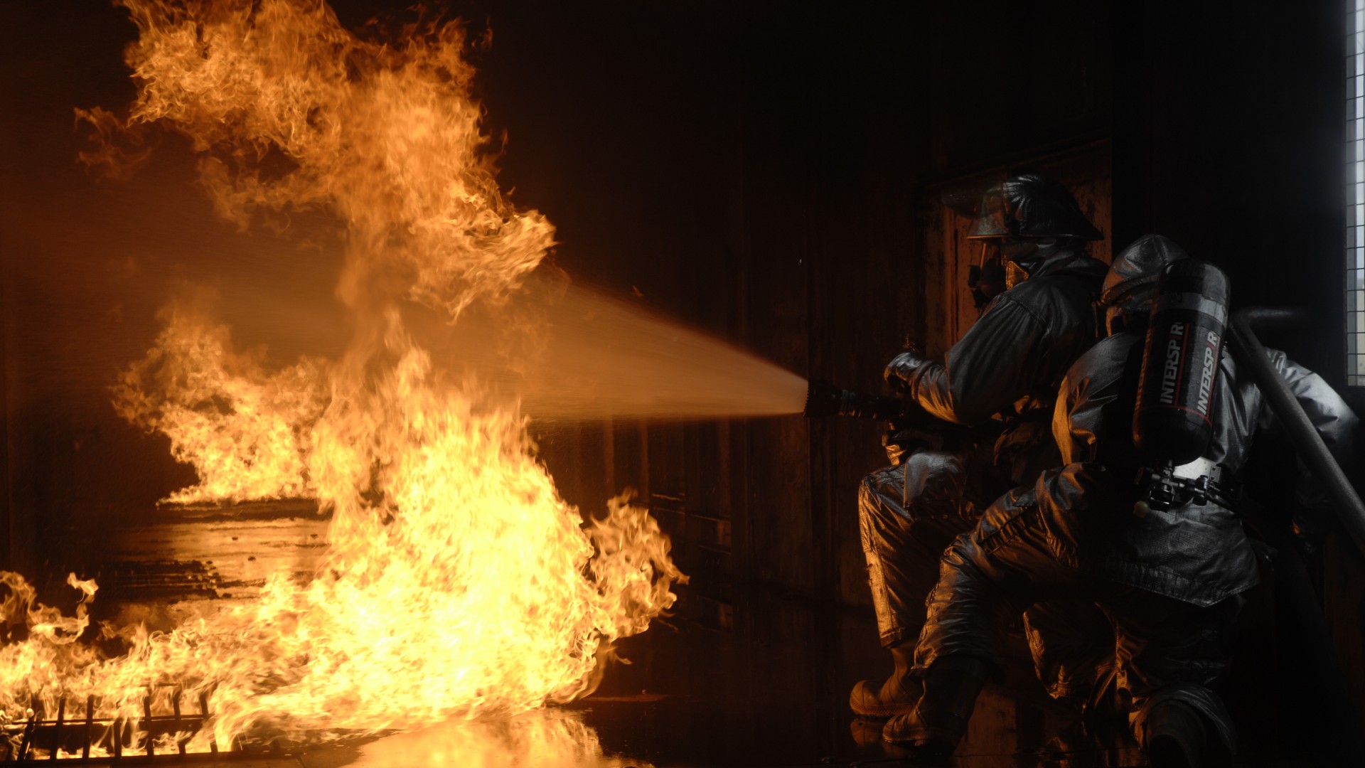 Flames Firefighter Dark Water Spray Hot Night Wallpaper Background