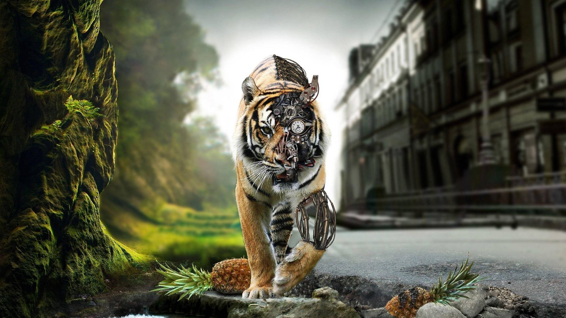 A cyborg tiger walks between nature and an urban setting in this cool tiger wallpaper