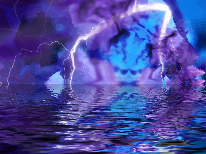Description Purple Blue Sky Lightning With Reflection On Water