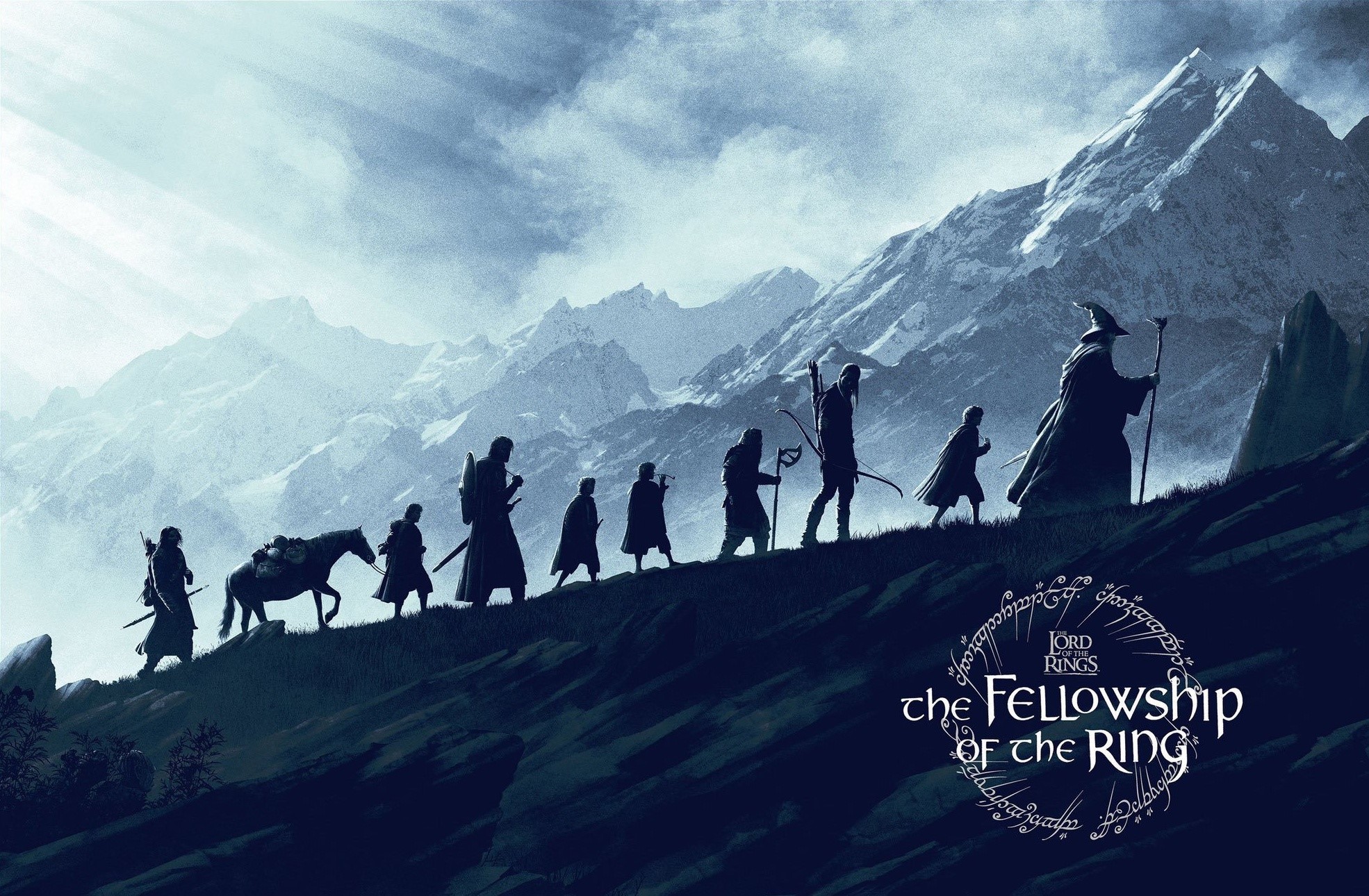 The Fellowship of the Ring journey across the snowy mountains in the Lord of the Rings movie poster