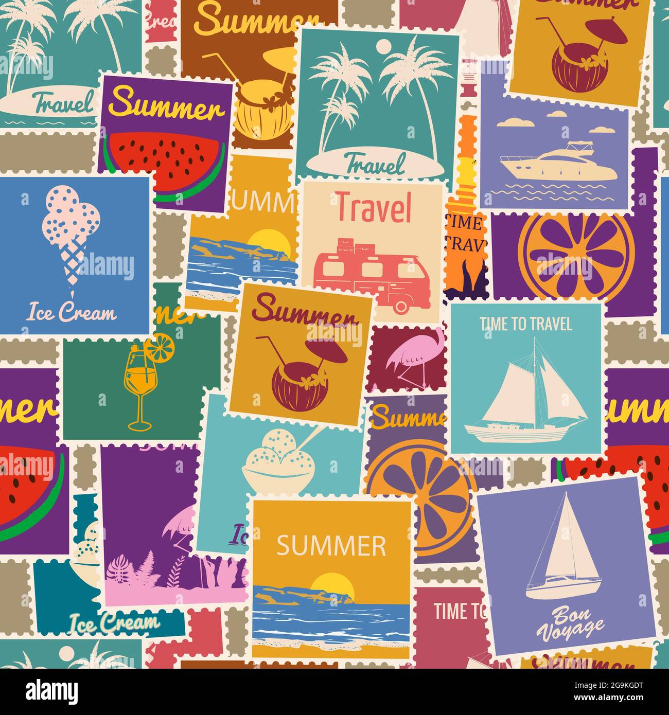 Postage stamps seamless pattern Summer vacation Retro background