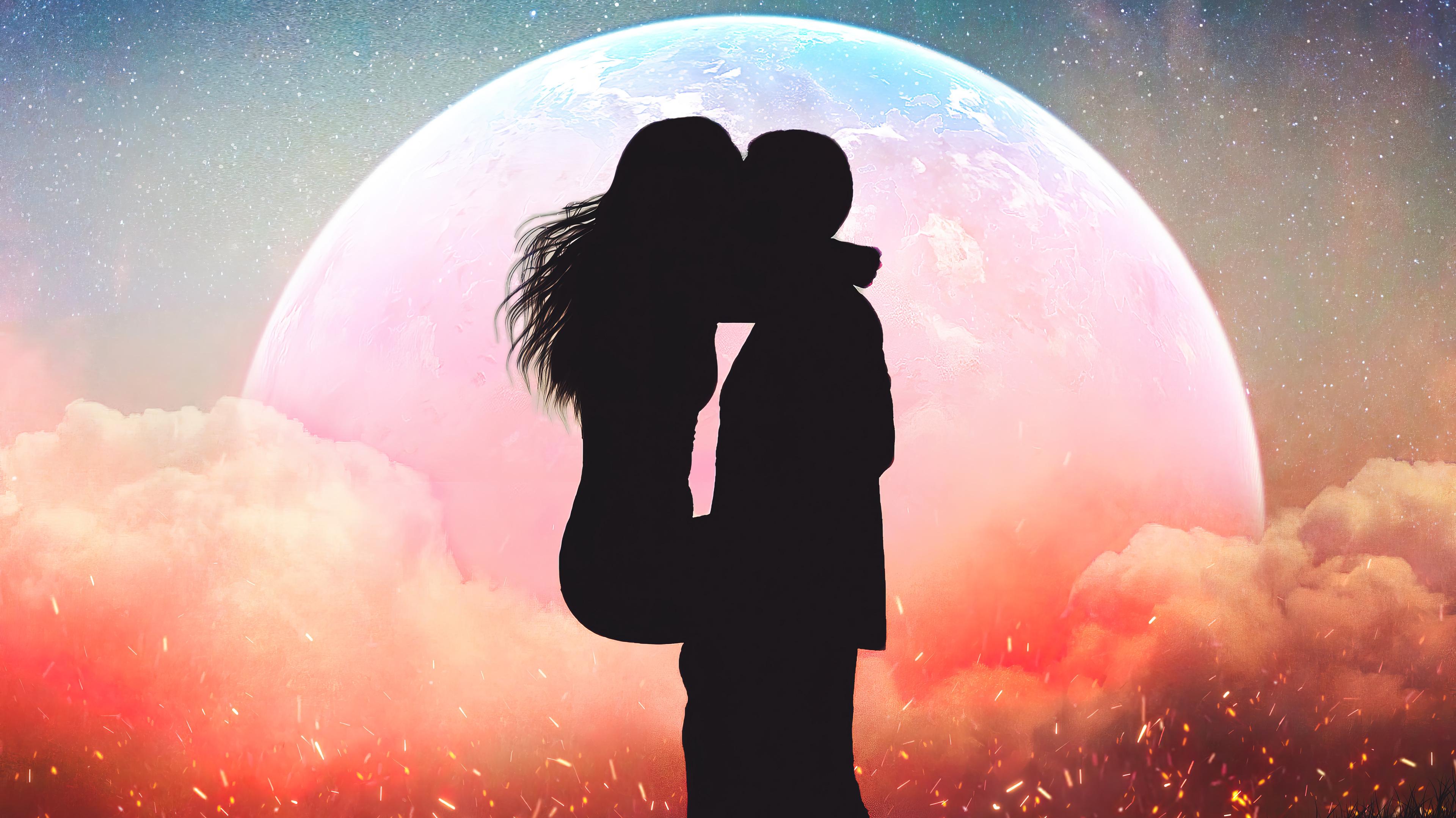 Sweet Couple Silhouette Full Moon Night Sky Stars Wallpaper 4k HD