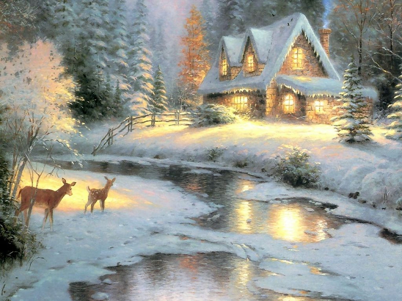 Art Christmas Thomas Kinkade Deer Creek Cottage Wallpaper