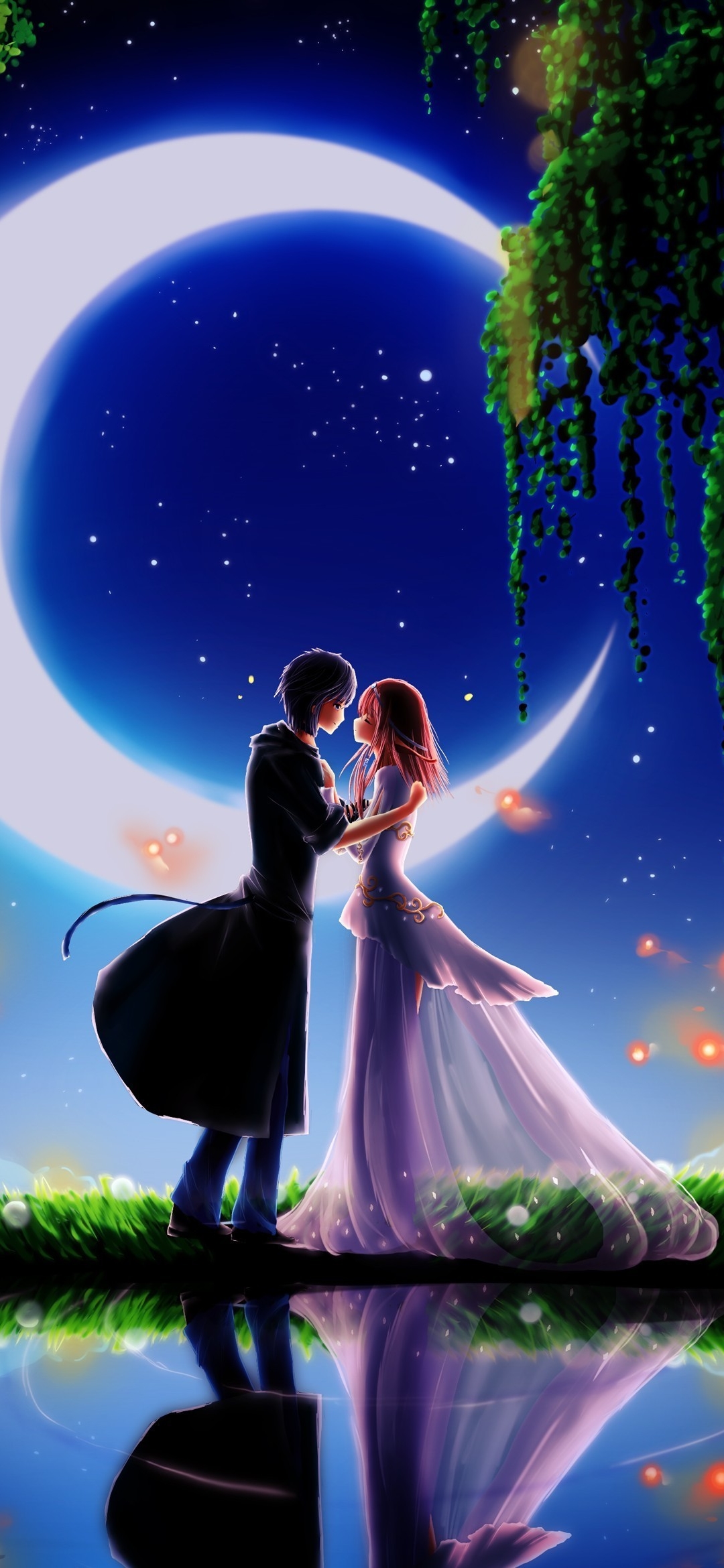 Anime couple holding hands under a crescent moon, reflecting in water, Love Wallpaper