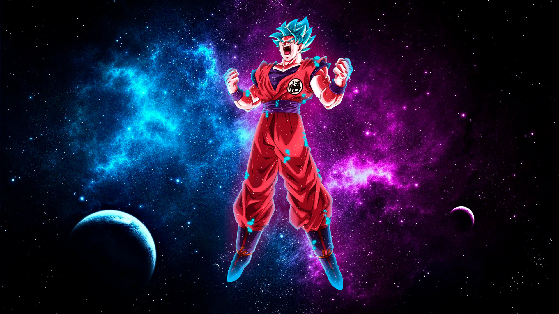 Super Saiyan Goku with Blue Hair in a vibrant cosmic background, Dragon Ball Z 4k Wallpaper