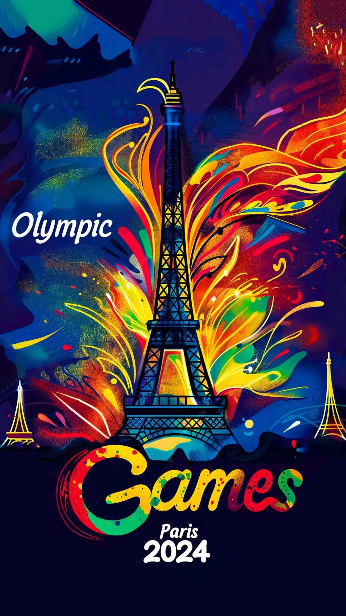 A vibrant and artistic wallpaper featuring the Eiffel Tower against a backdrop of colorful, abstract shapes, celebrating the Paris 2024 Olympic Games