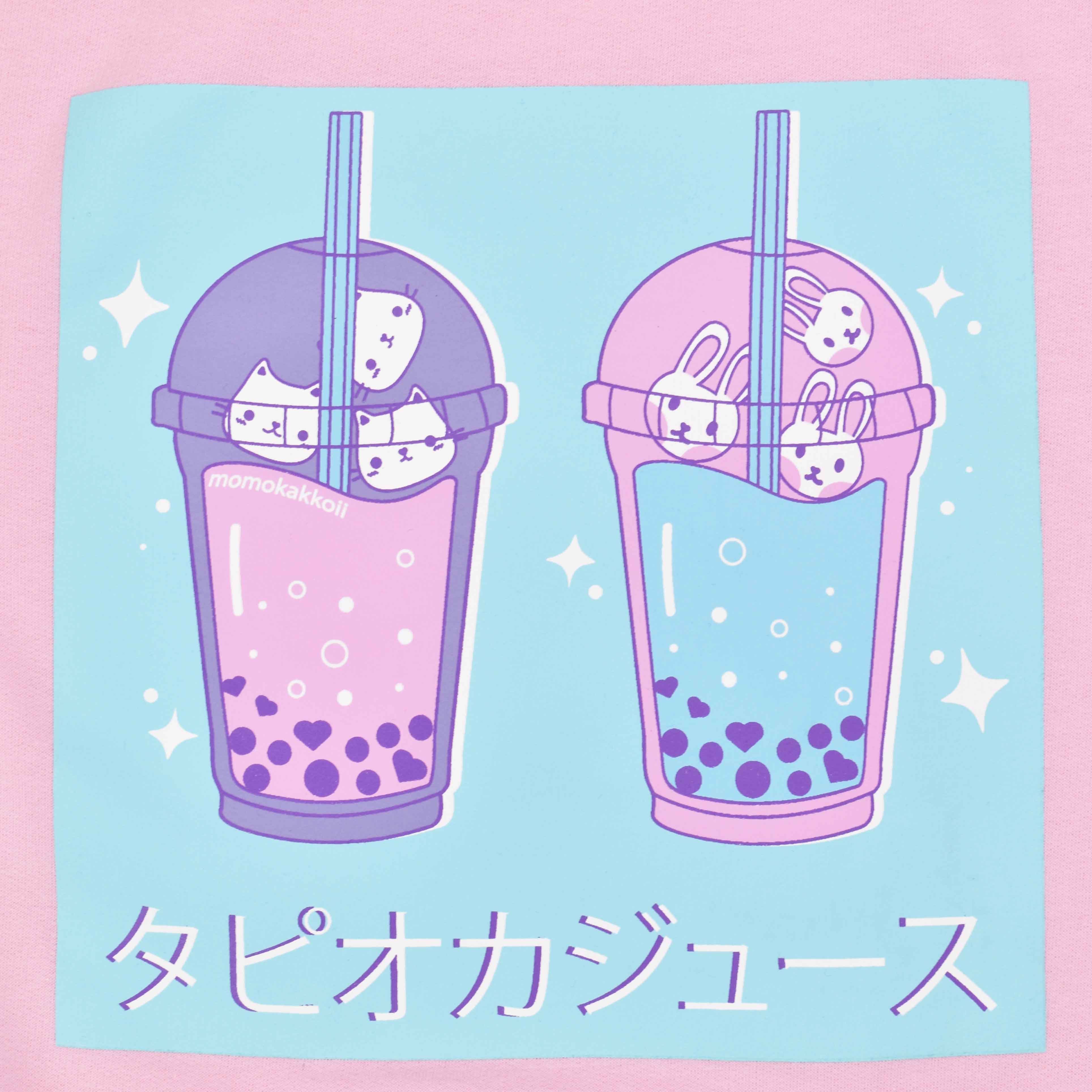 Two kawaii boba tea cups with cute cat and bunny characters, in pastel pink and purple colors. Japanese text below says 