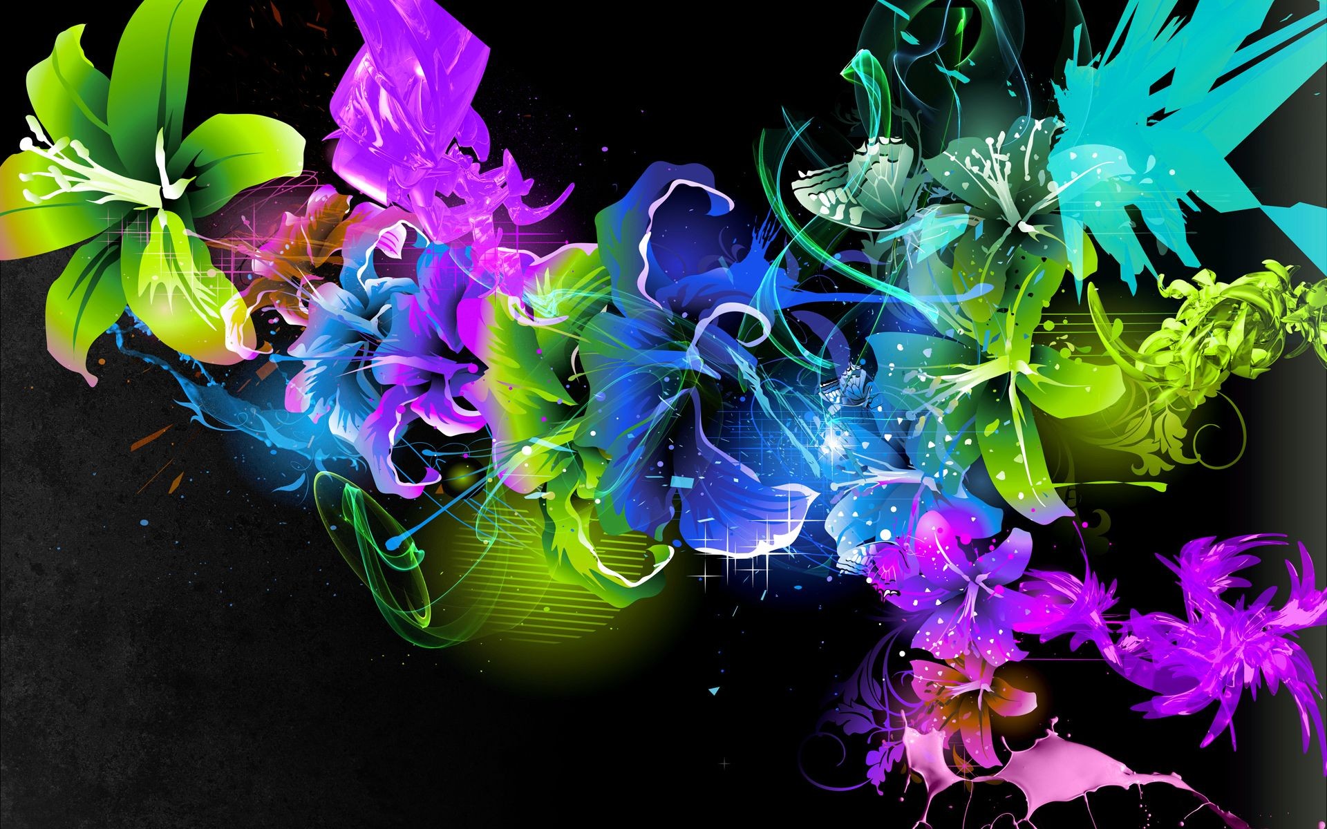 Vivid abstract floral design on a black background, ideal for a computer wallpaper