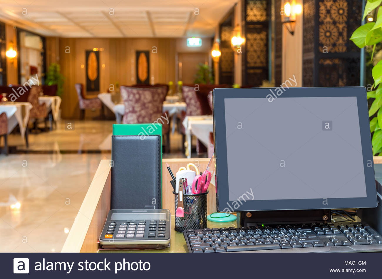 Cashier Operating At The Cash Desk Over Restaurant Background