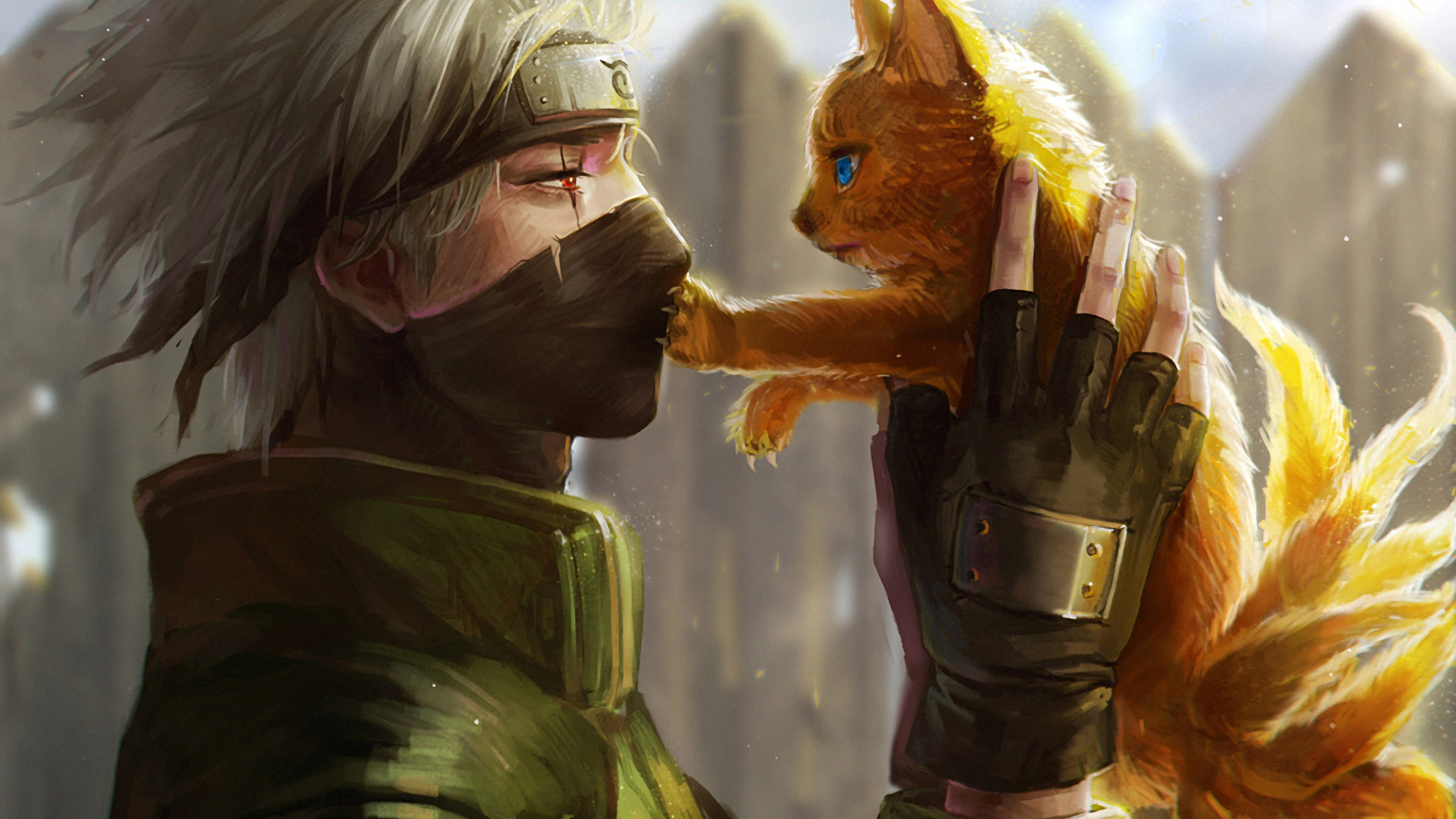 Kakashi Hatake with a nine-tailed fox, Naruto 4k wallpaper