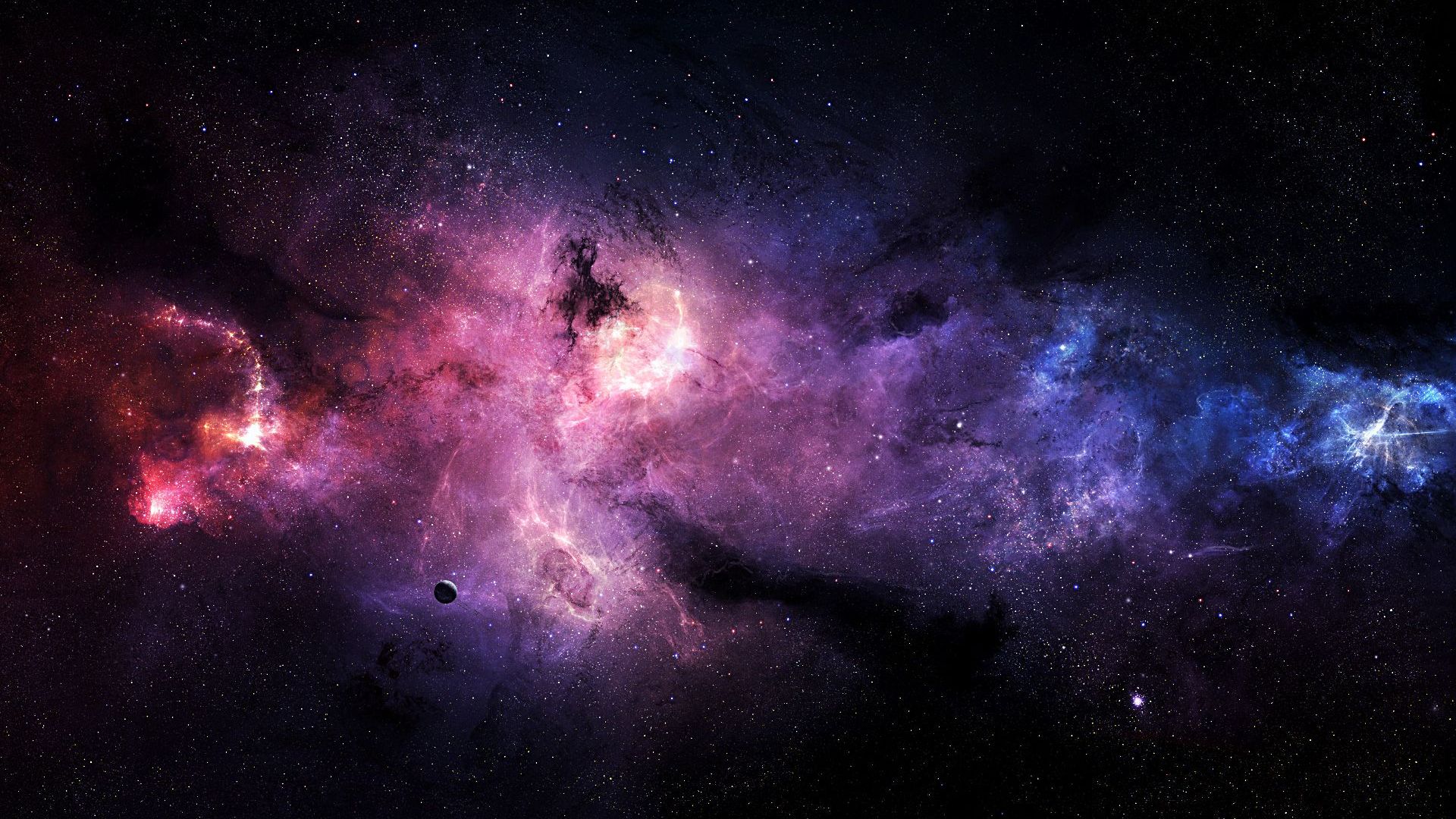 A breathtaking panorama of a vibrant galaxy, filled with swirling nebulae in shades of pink, purple, and blue, against a backdrop of countless stars. A lone planet is visible in the foreground