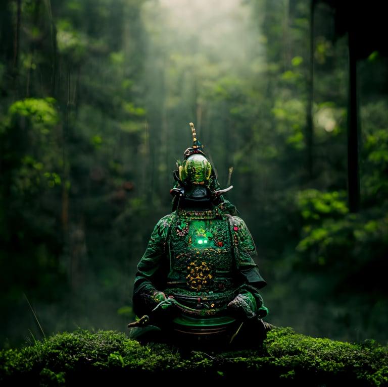 Prompthunt Green Samurai Sitting In The Middle Of A Black Forest