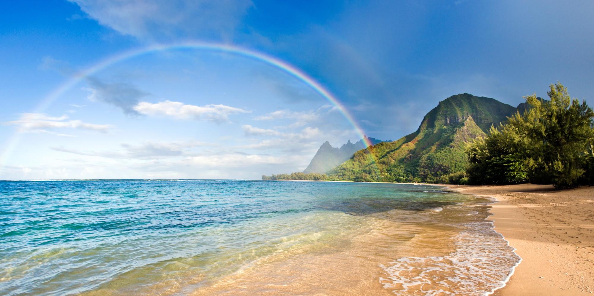 Beach Rainbows Sea Mountain Trees Sand Hawaii Island
