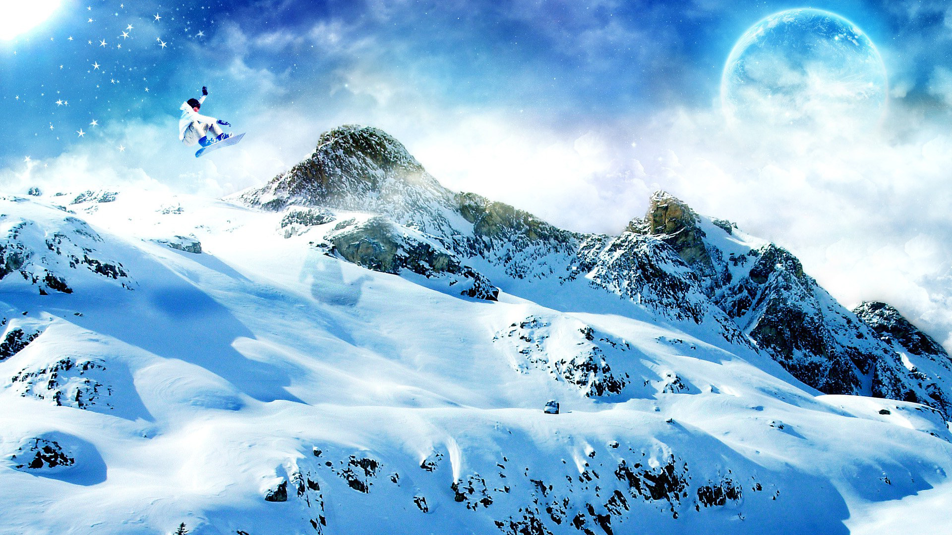 Download Planet over snowy mountains wallpaper