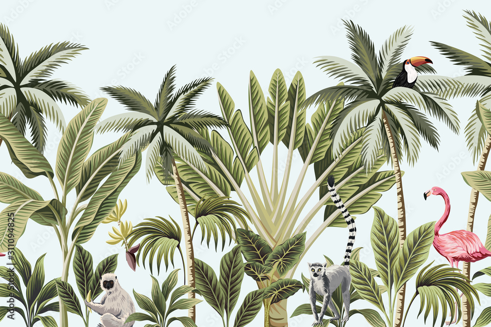 Tropical Vintage Animals Toucan Flamingo Palm Trees Banana