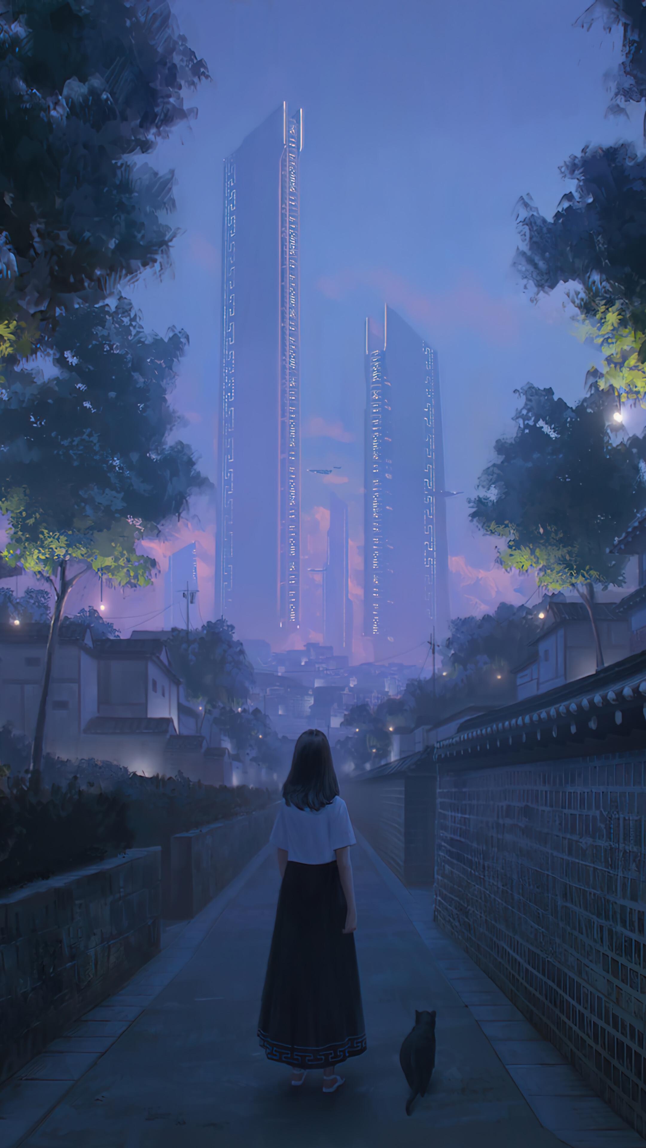 Anime Girl Night City Alley Walking Wallpaper iPhone Phone 4k 1300f