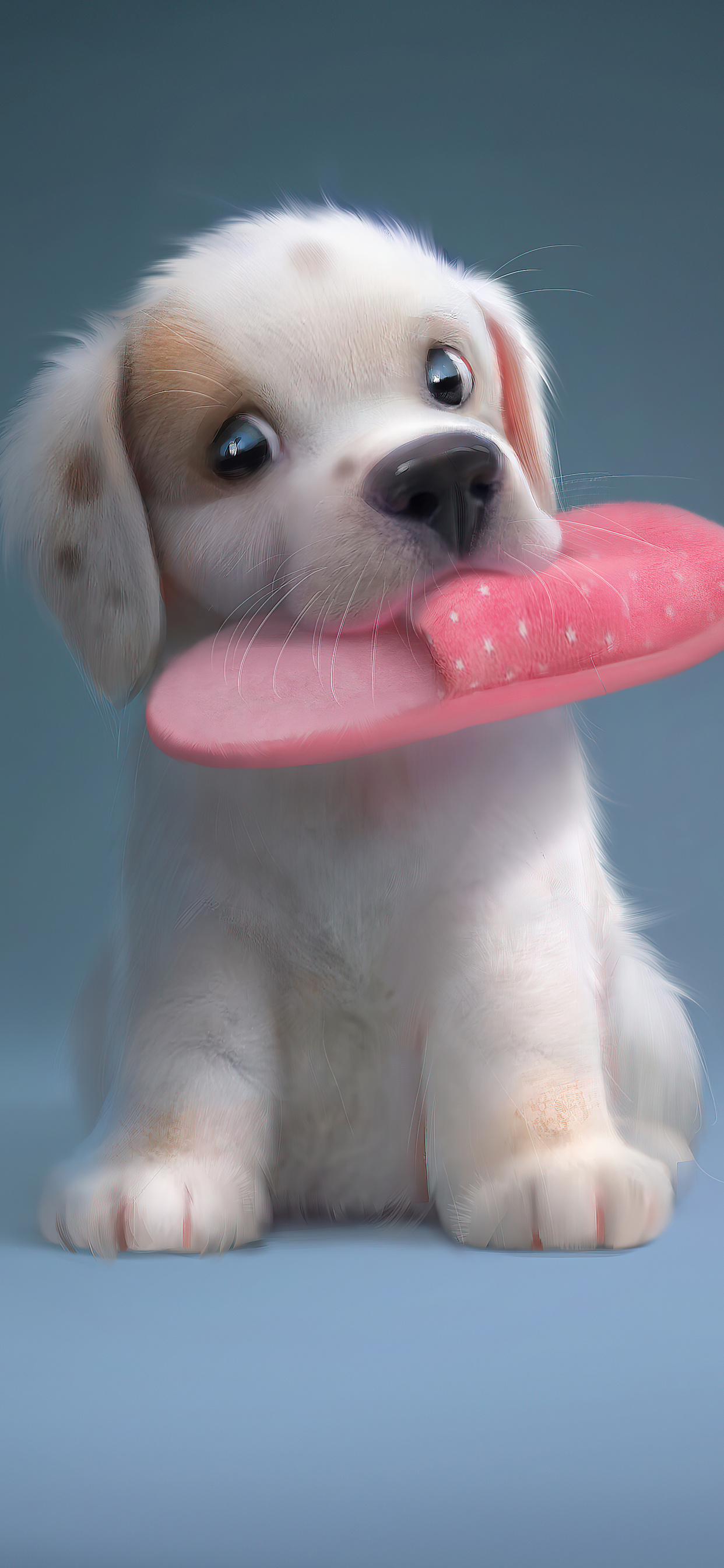 Adorable white puppy playfully holding a pink slipper in its mouth
