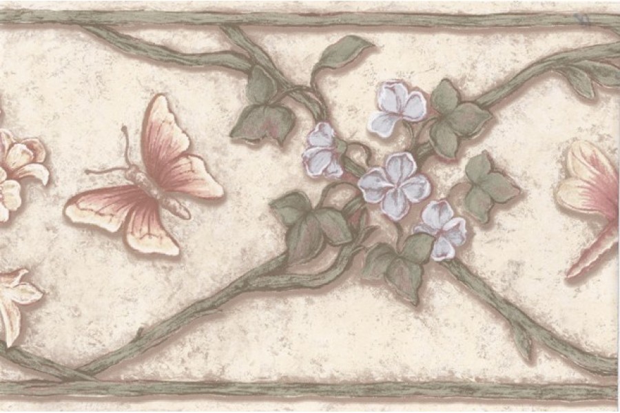 Cream Green Butterfly Floral Vines Wallpaper Border