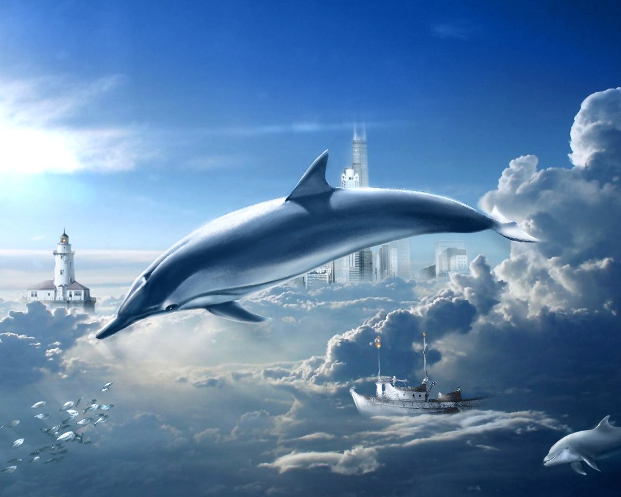 Fantasy Clouds Wallpaper Ships Dolphins