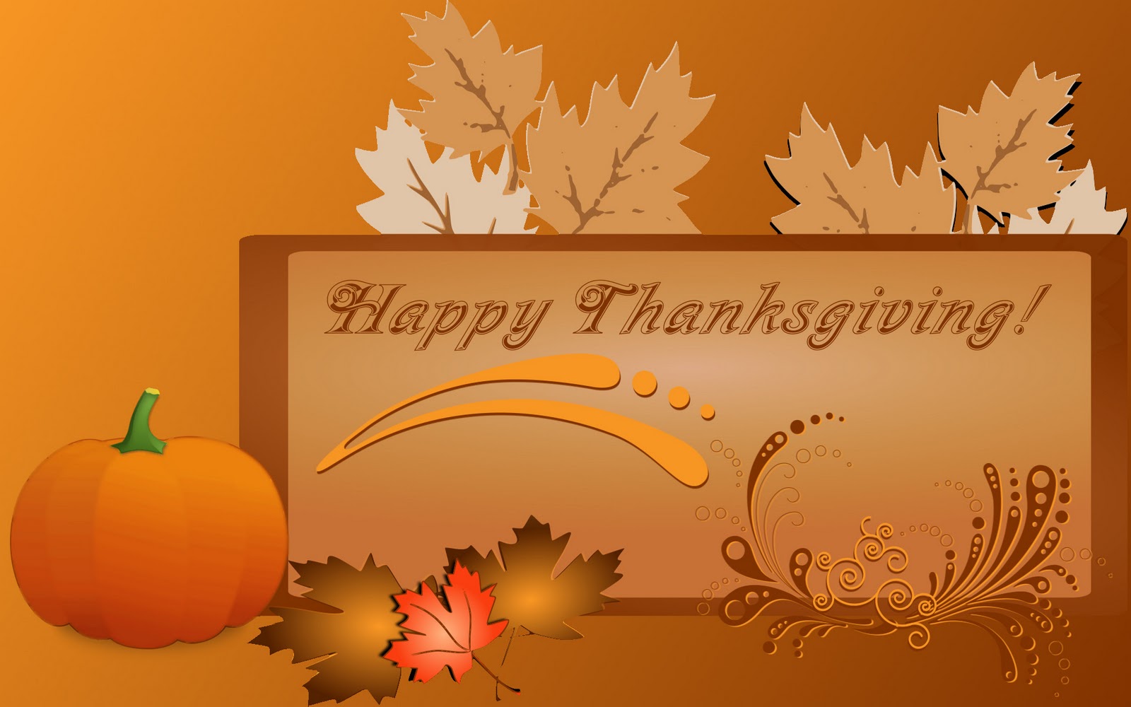 Happy Thanksgiving greeting card with pumpkin and autumn leaves on an orange background
