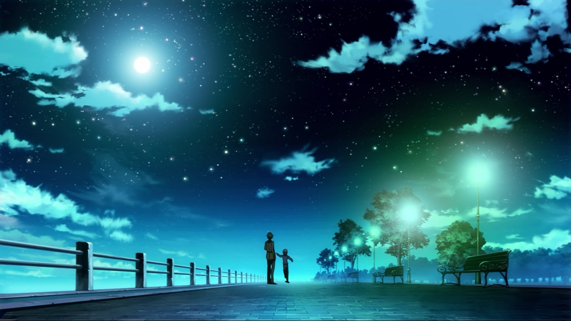 Anime-style desktop wallpaper featuring a serene night scene with two characters looking at a starry sky