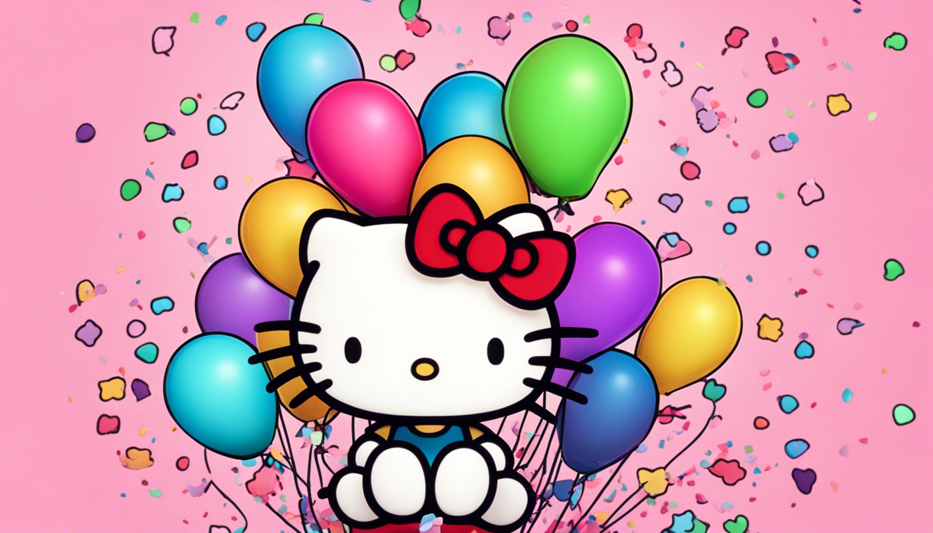 A Whimsical And Adorable Hello Kitty Themed Wallpaper Featuring Surrounded By Colorful Balloons Confetti Set Against Pastel Pink Background