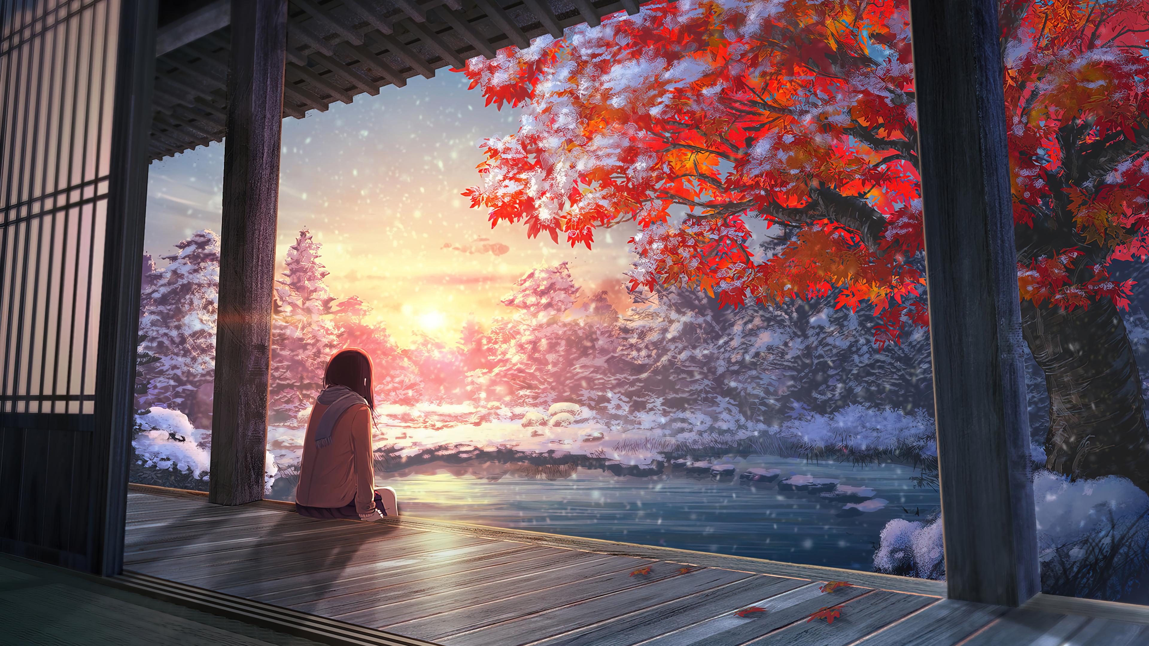 Winter Autumn Anime Girl Sunset Wallpaper iPhone Phone 4k 4090e